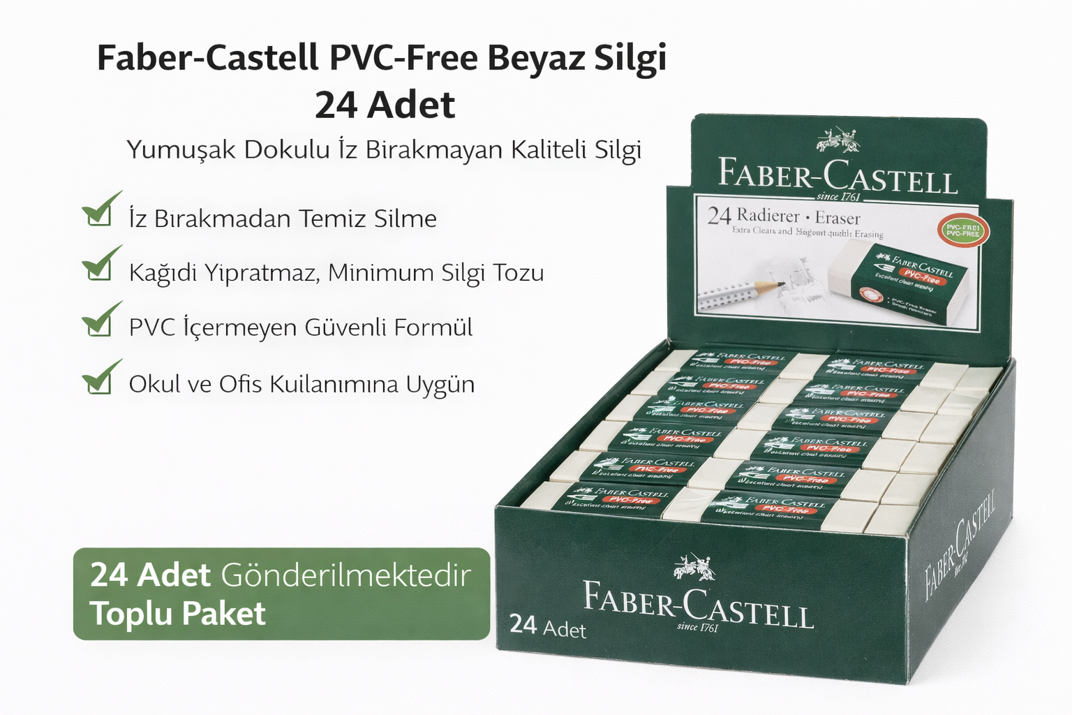 Faber-Castell No24 PVC Free Beyaz Silgi 24 Adet Standlı Kutu İz Bırakmayan Yumuşak Okul Ofis Silgisi