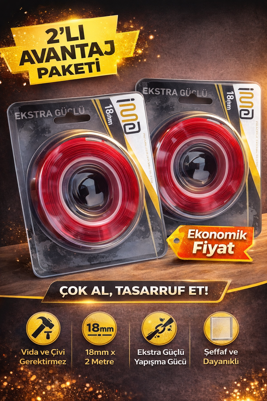 VHB Akrilik Silikon Bant 18mm x 2 Metre Şeffaf Çift Taraflı Güçlü Yapıştırıcı Bant 2 Adet