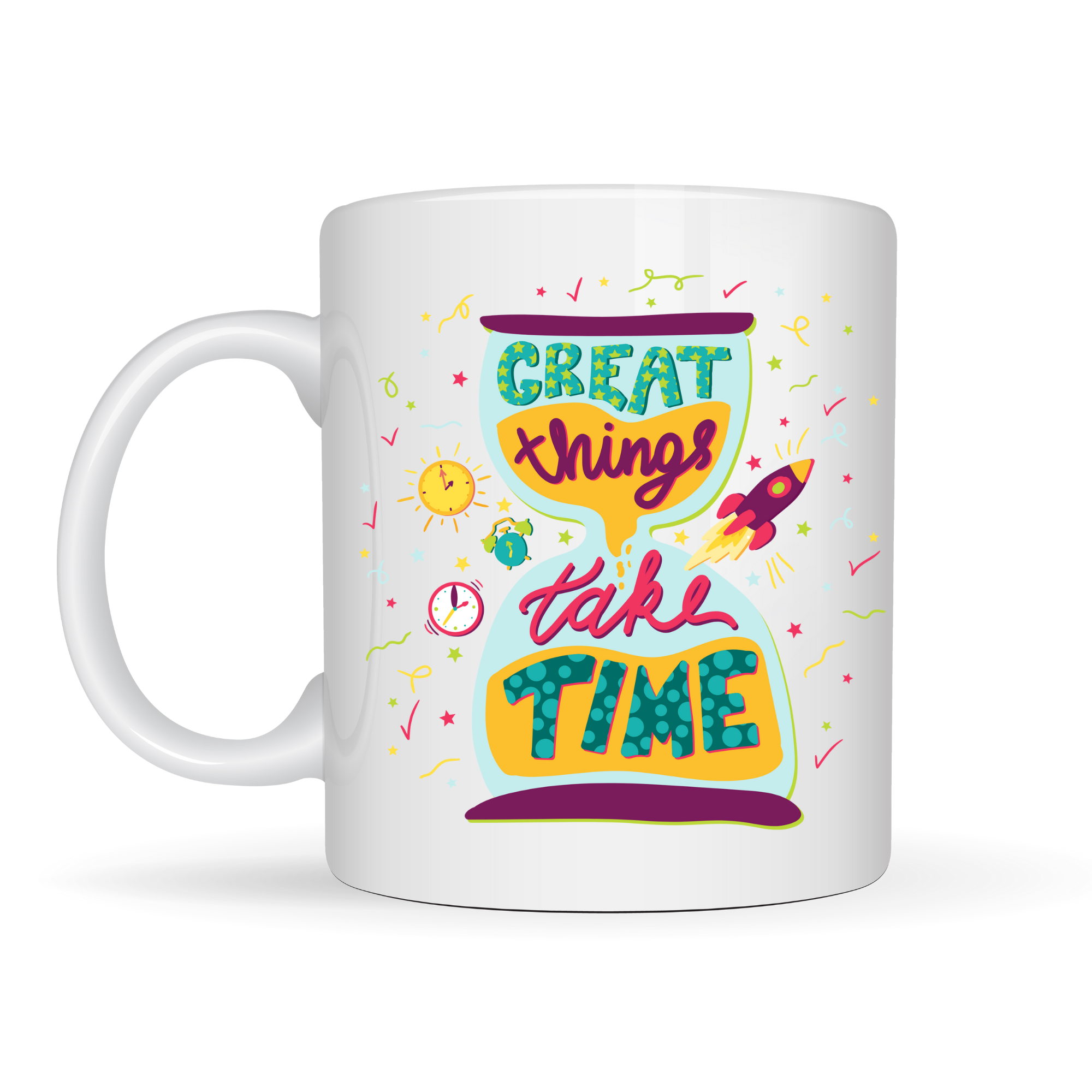 Great Things Take Time Porselen Kupa MODEL 130 – Motivasyon Mesajlı Renkli Kupa, İlham Veren Kahve &amp; Çay Kupası