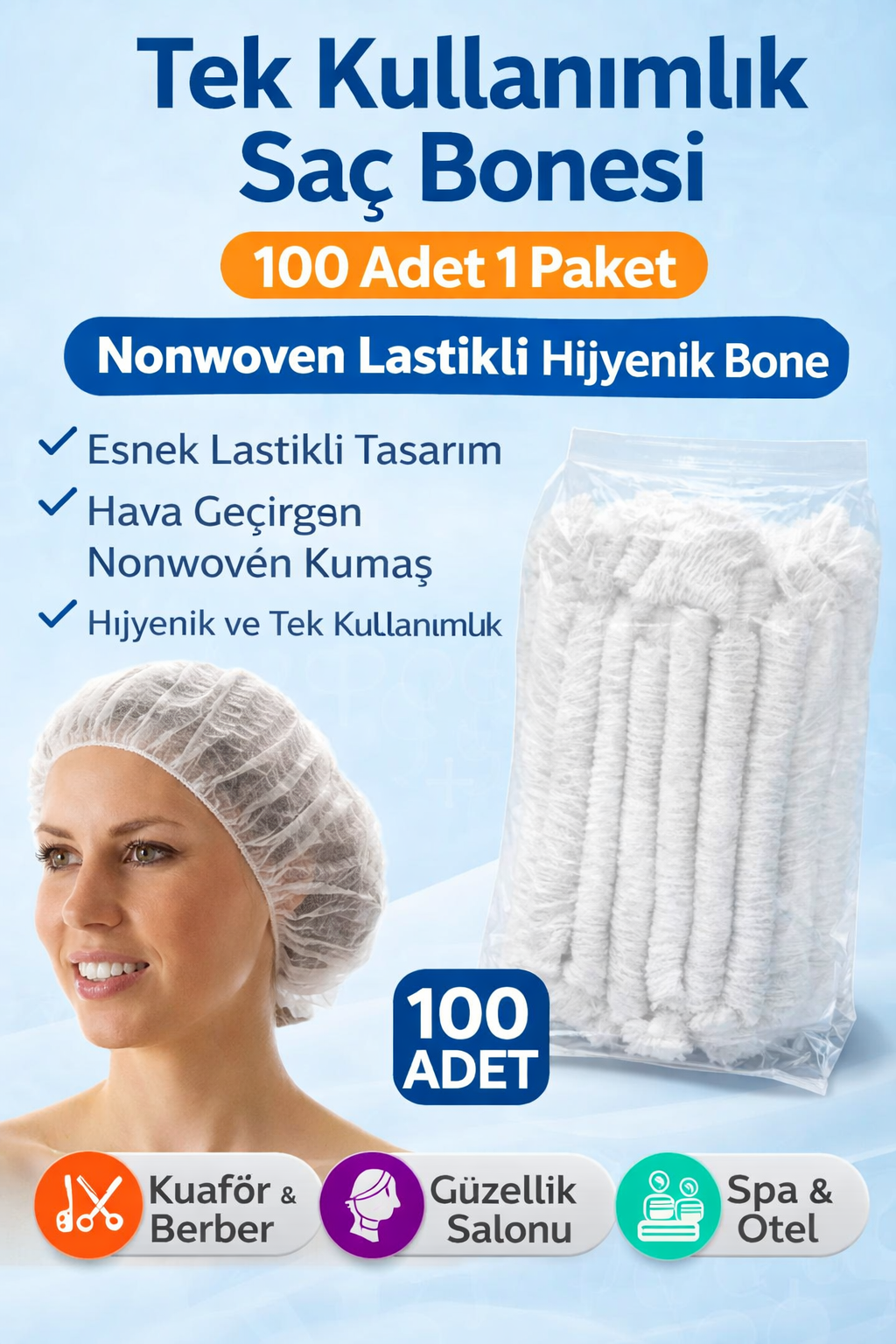 Tek Kullanımlık Saç Bonesi 100LÜ 1 Paket Nonwoven Lastikli Hijyenik Bone