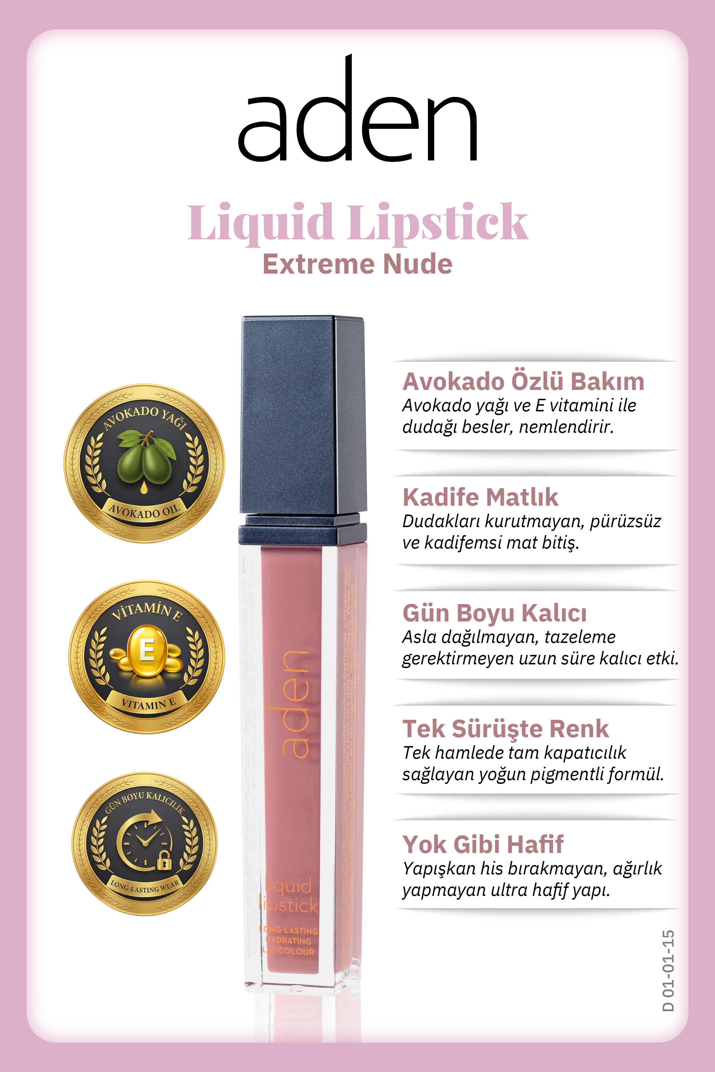 Aden Liquid Lipstick - Likit Ruj 15 Extreme Nude(Doğal Bej)