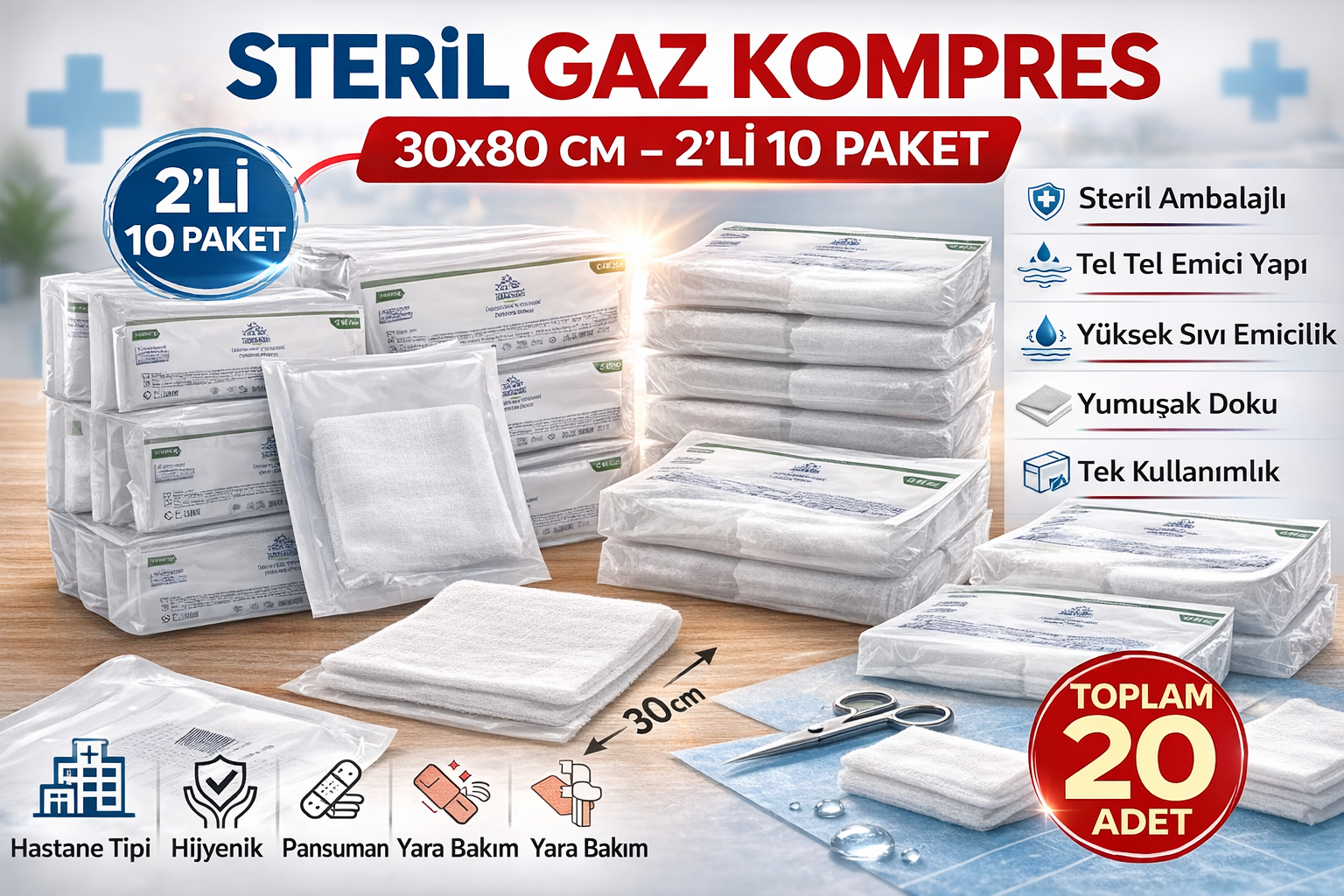 Steril Gaz Kompres 30x80 cm 2'li 10 Paket Tel Tel Yara Bakım Kompresi