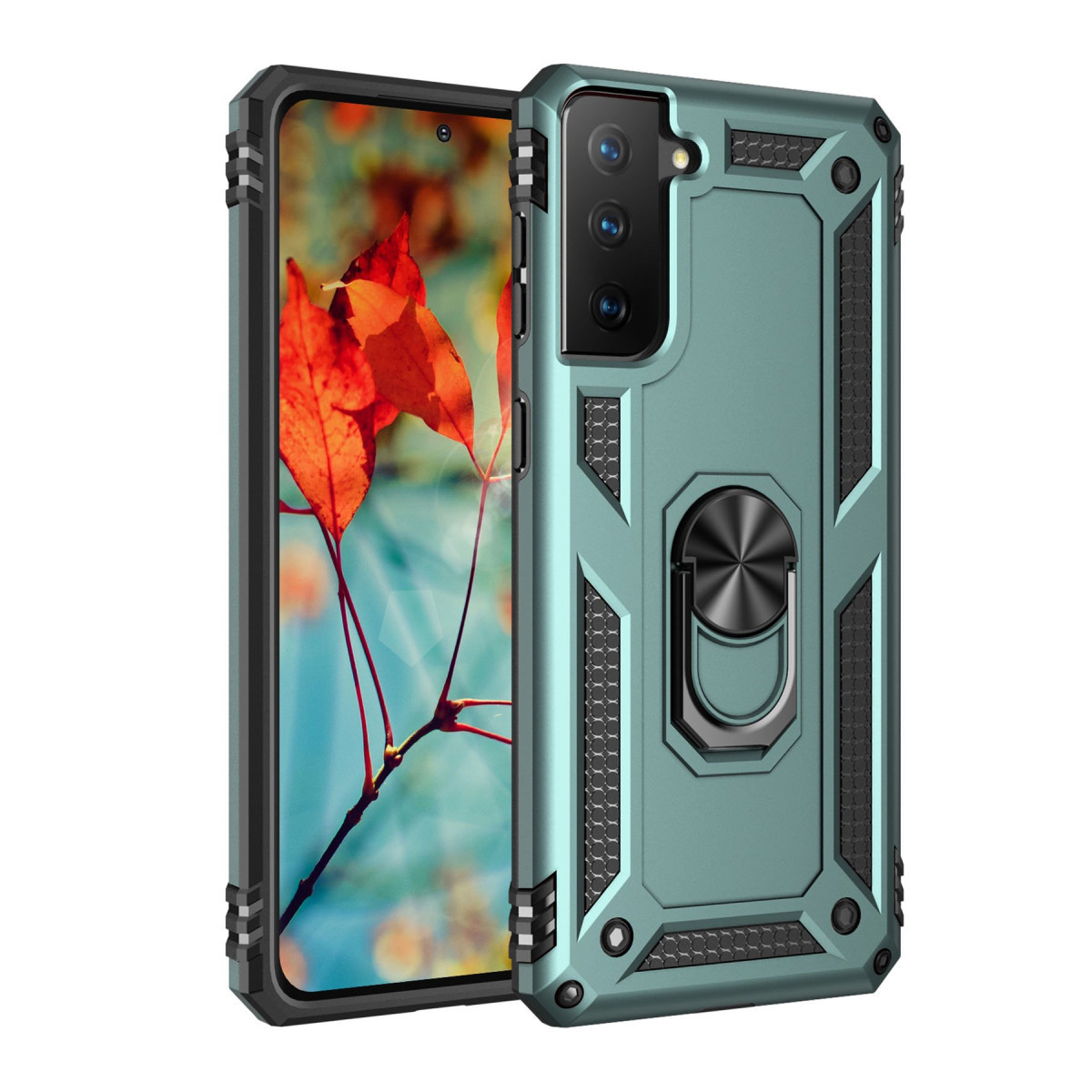Galaxy S21 Kılıf Sofya Yüzüklü Silikon Kapak - Yeşil