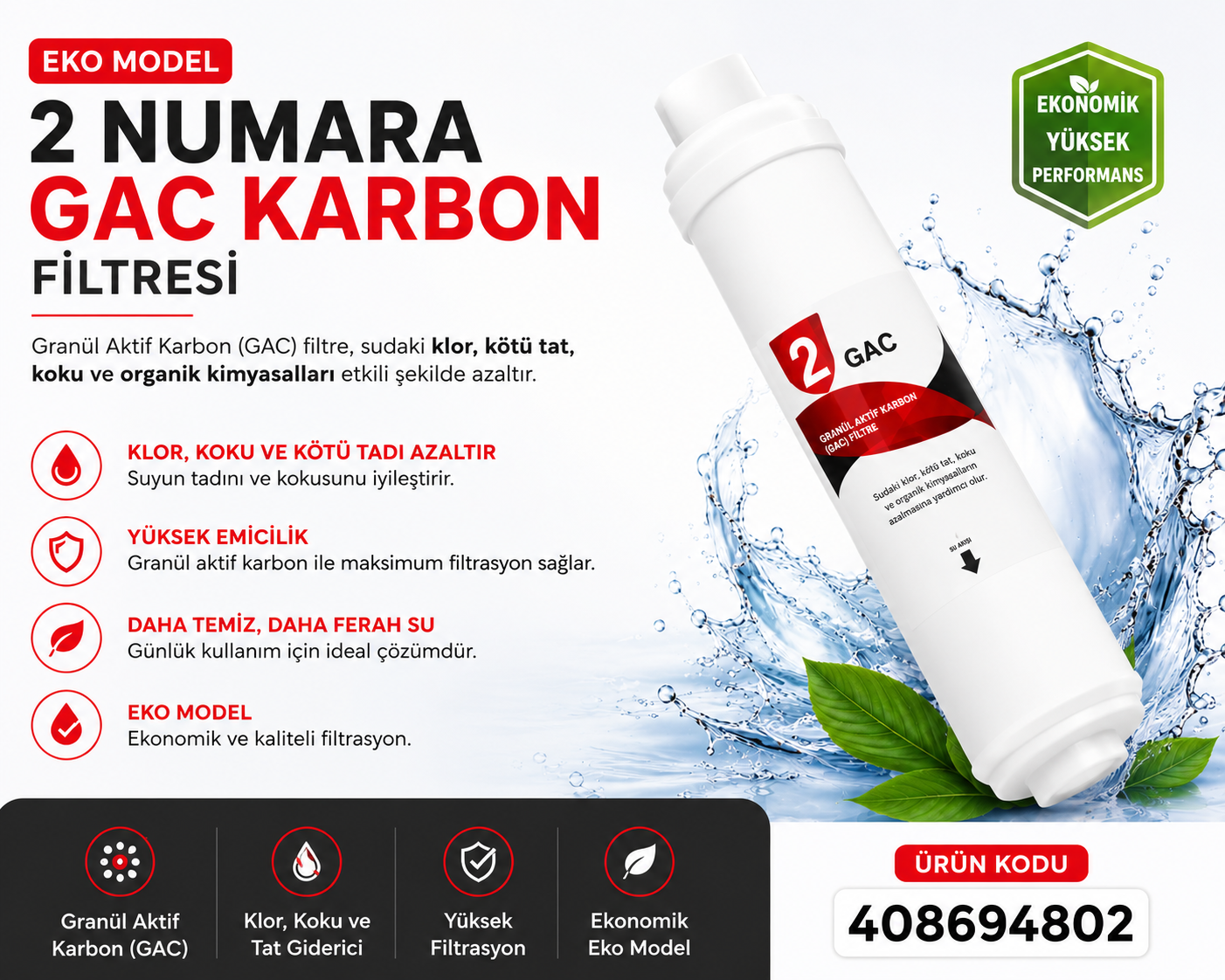 2 Numara GAC Karbon Eko Model Su Arıtma Filtresi 408694802