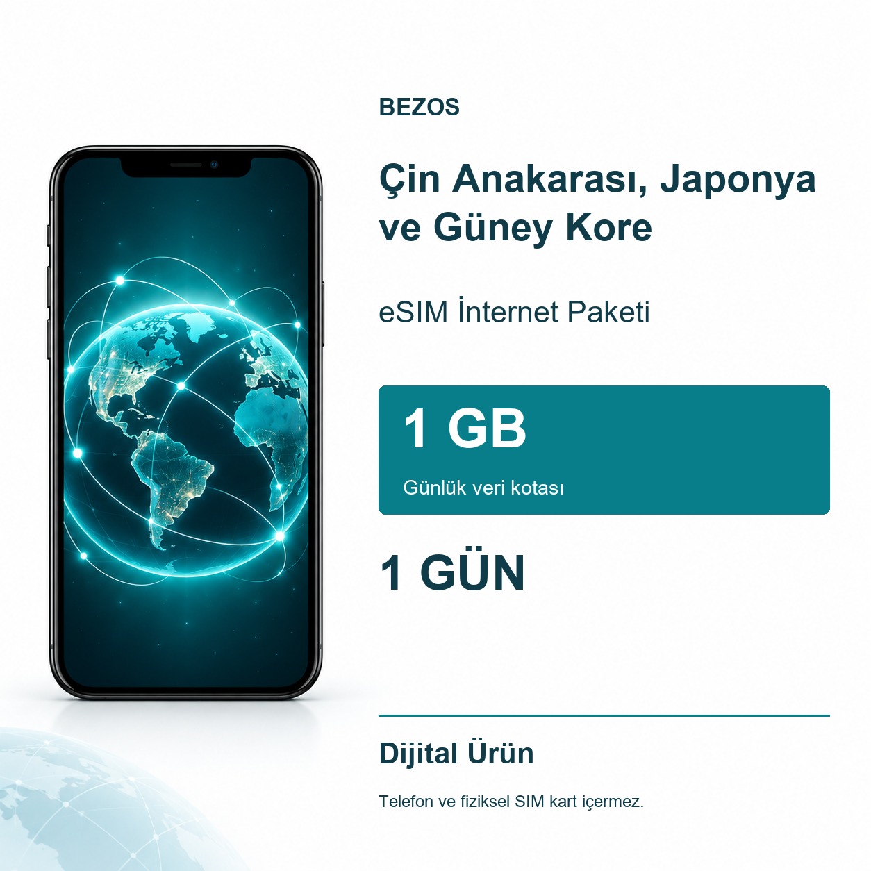 Çin Anakarası, Japonya ve Güney Kore eSIM İnternet Paketi Günlük 1 GB 1 Gün