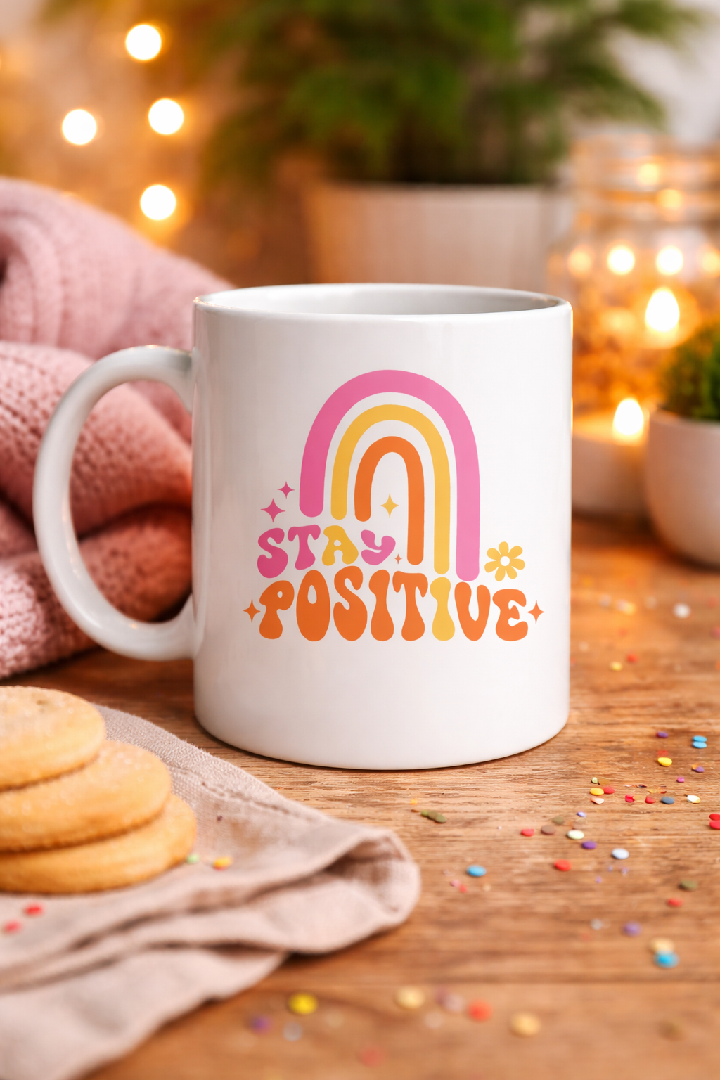 Stay Positive Tasarımlı Porselen Kupa MODEL 144 – Renkli Gökkuşağı Desenli, Motivasyon Veren Kahve &amp; Çay Kupası – Hediyelik Kupa