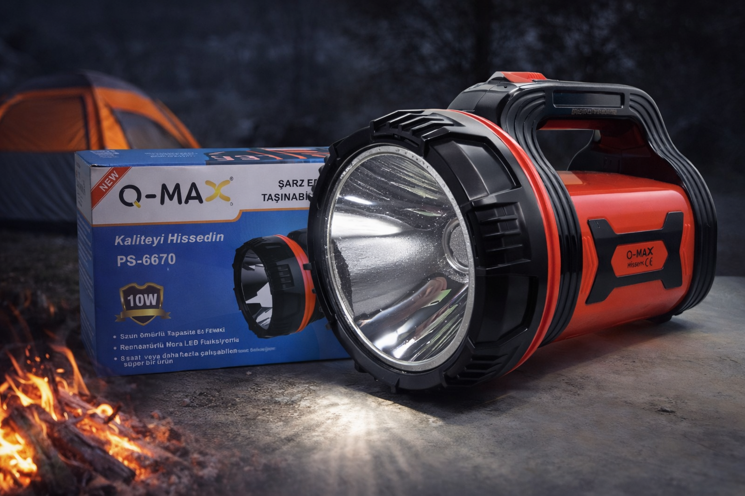 Q-Max PS-6670 Şarj Edilebilir El Feneri 10W Güçlü LED Taşınabilir Uzun Ömürlü Projektör Fener