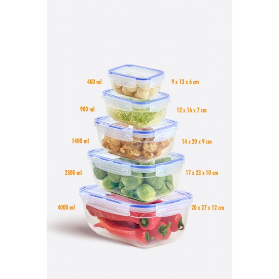 Dikdörtgen 10 Parça Contalı Vakumlu Sızdırmaz Hava Almaz Saklama Kabı Seti 2x(4000/2300/1400/900/400 Ml)