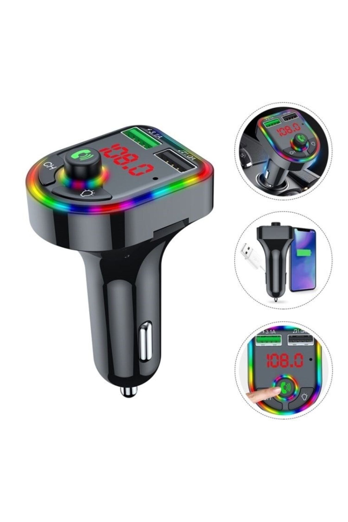 Car F6 RGB Bluetooth Araç Kiti FM Transmitter QC 3.1A Type-C Usb Şarj 12-24V