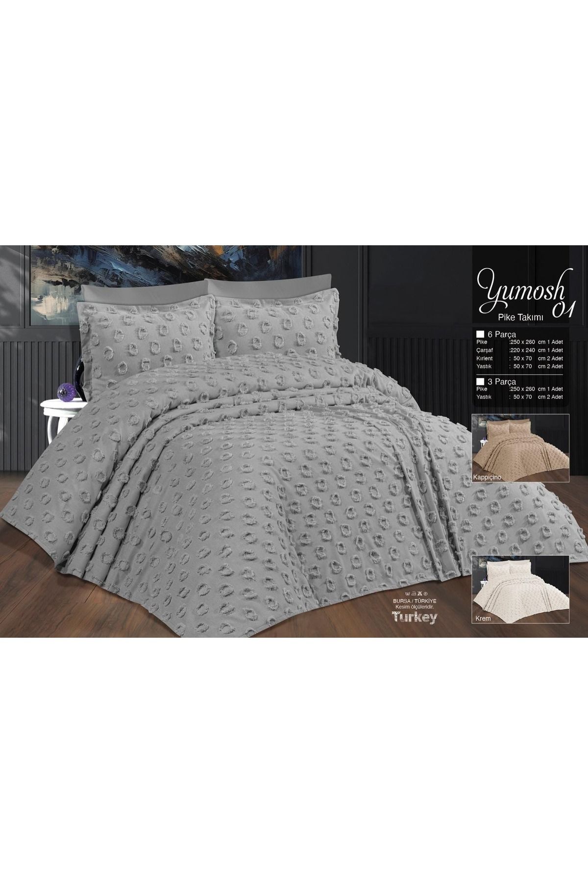 Çift Kişilik Yatak Örtüsü Gri 3 Parça Yatak Örtüsü Bedspread