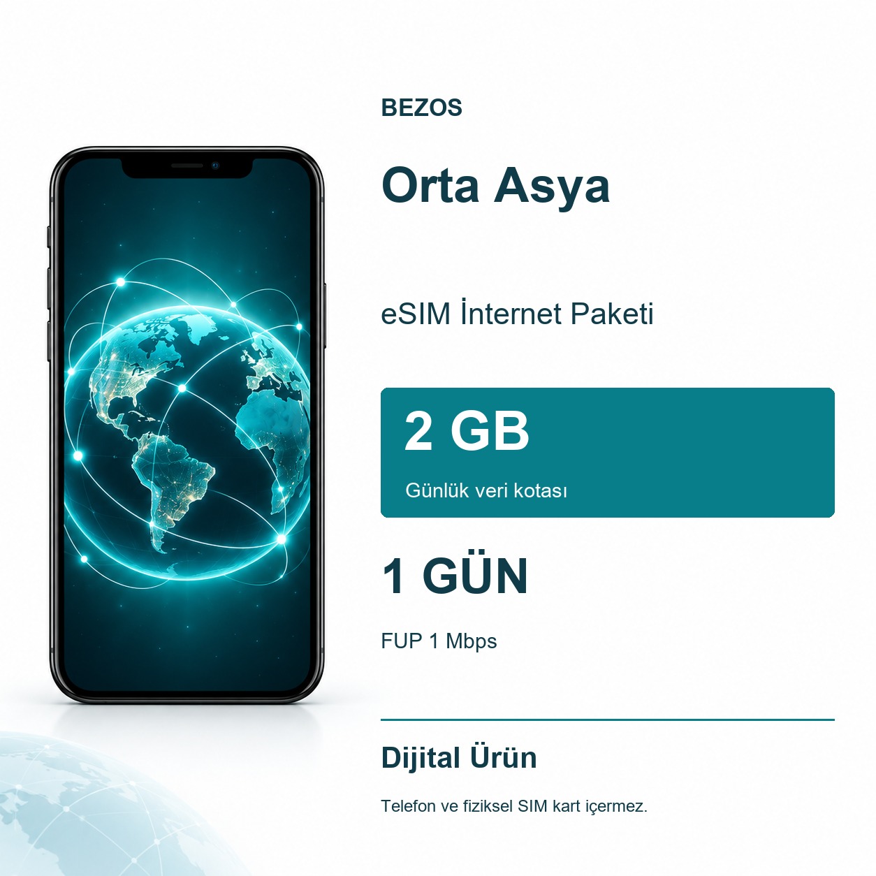 Orta Asya eSIM İnternet Paketi Günlük 2 GB 1 Gün - FUP 1 Mbps