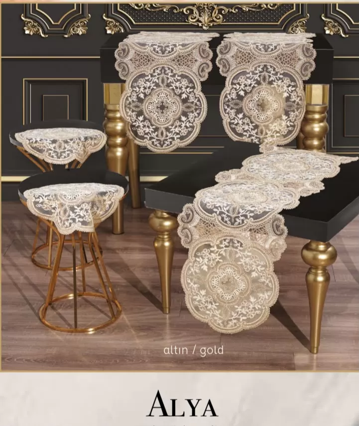 Salon Takımı 5 Parça Dantelli Masa Örtüsü Runner Seti Alya Model - Gold