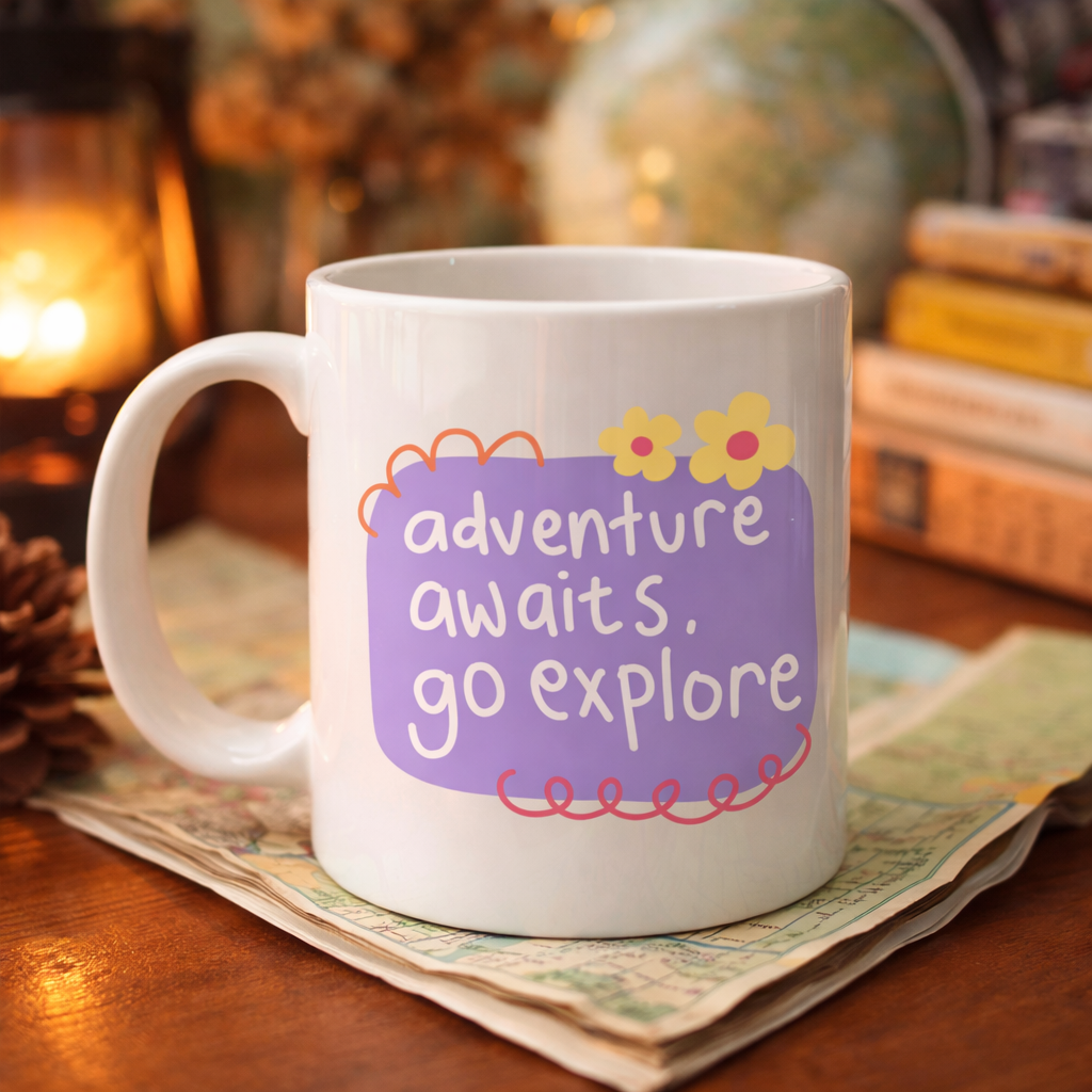 Adventure Awaits Go Explore Yazılı Porselen Kupa MODEL 157 – Motivasyon Temalı, Sevimli Tasarım, Kahve &amp; Çay Kupası