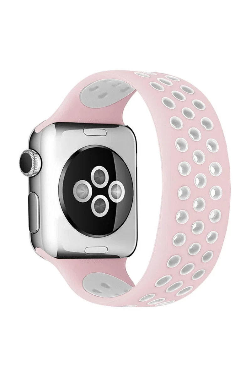 Apple Watch 38mm Uyumlu Ayarlı Delikli Silikon Kordon - Pembe-Beyaz