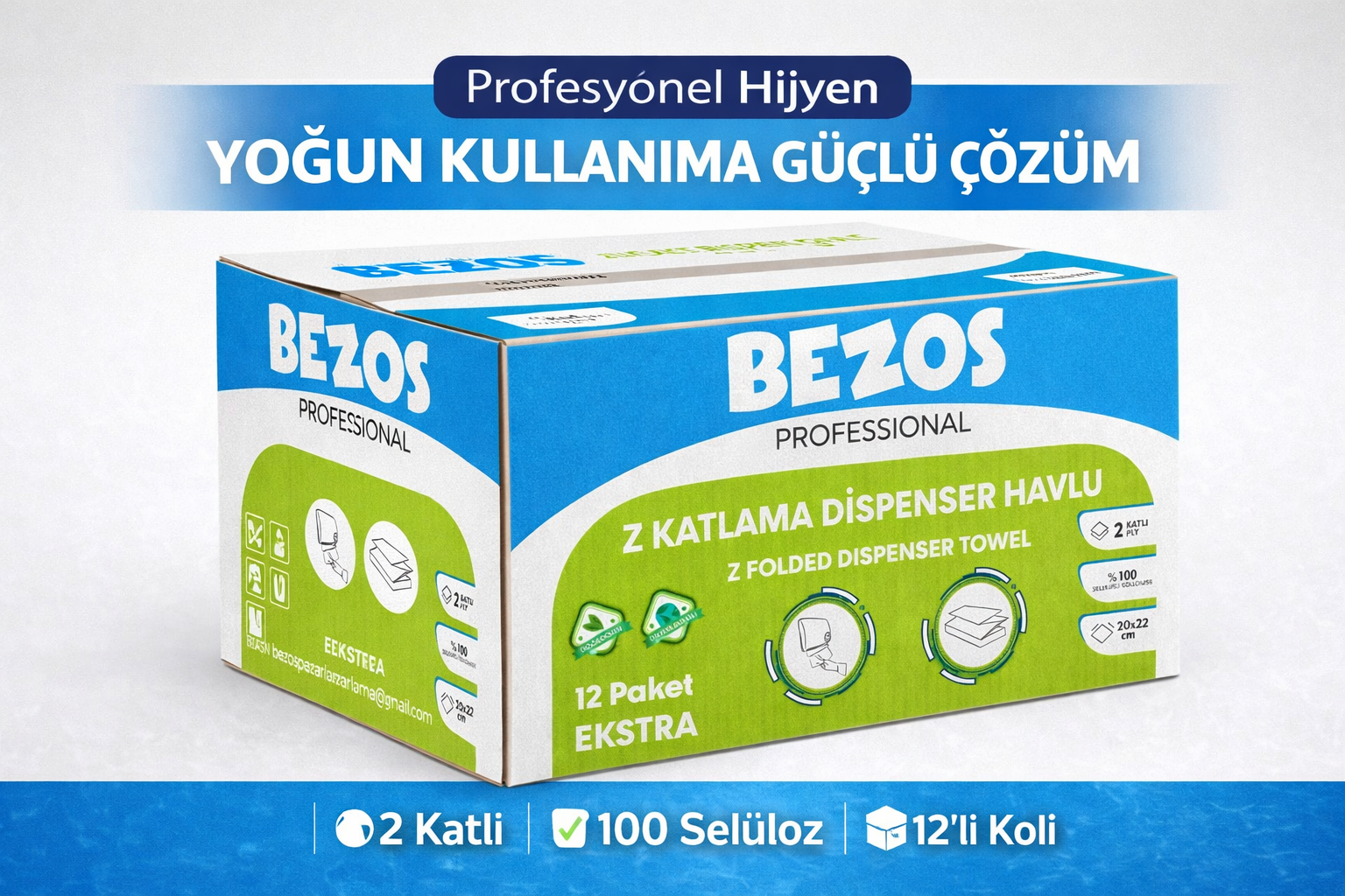 Bezos Professional Z Katlamalı Dispenser Havlu 2 Katlı %100 Selüloz 20x22 cm 12’li Koli