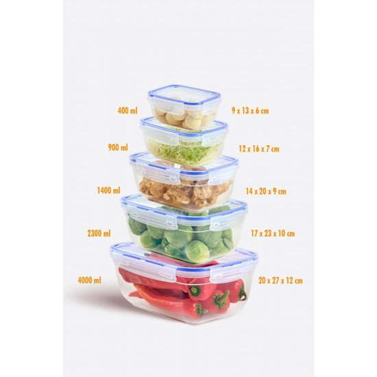 Dikdörtgen 5 Parça Contalı Vakumlu Sızdırmaz Hava Almaz Saklama Kabı Seti (4000/2300/1400/900/400 Ml)