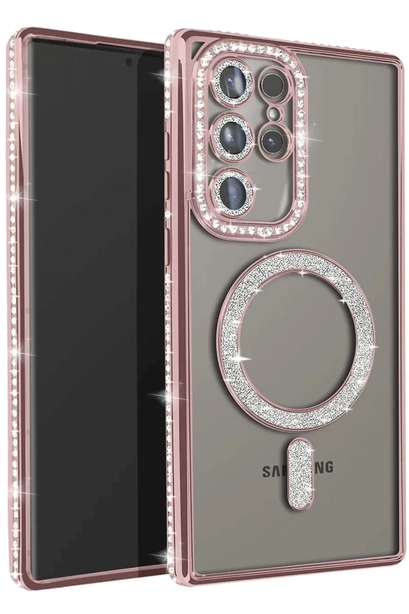Samsung Galaxy S25 Ultra Uyumlu Kılıf Joke Simli Magneticsafe Kılıf - Pembe