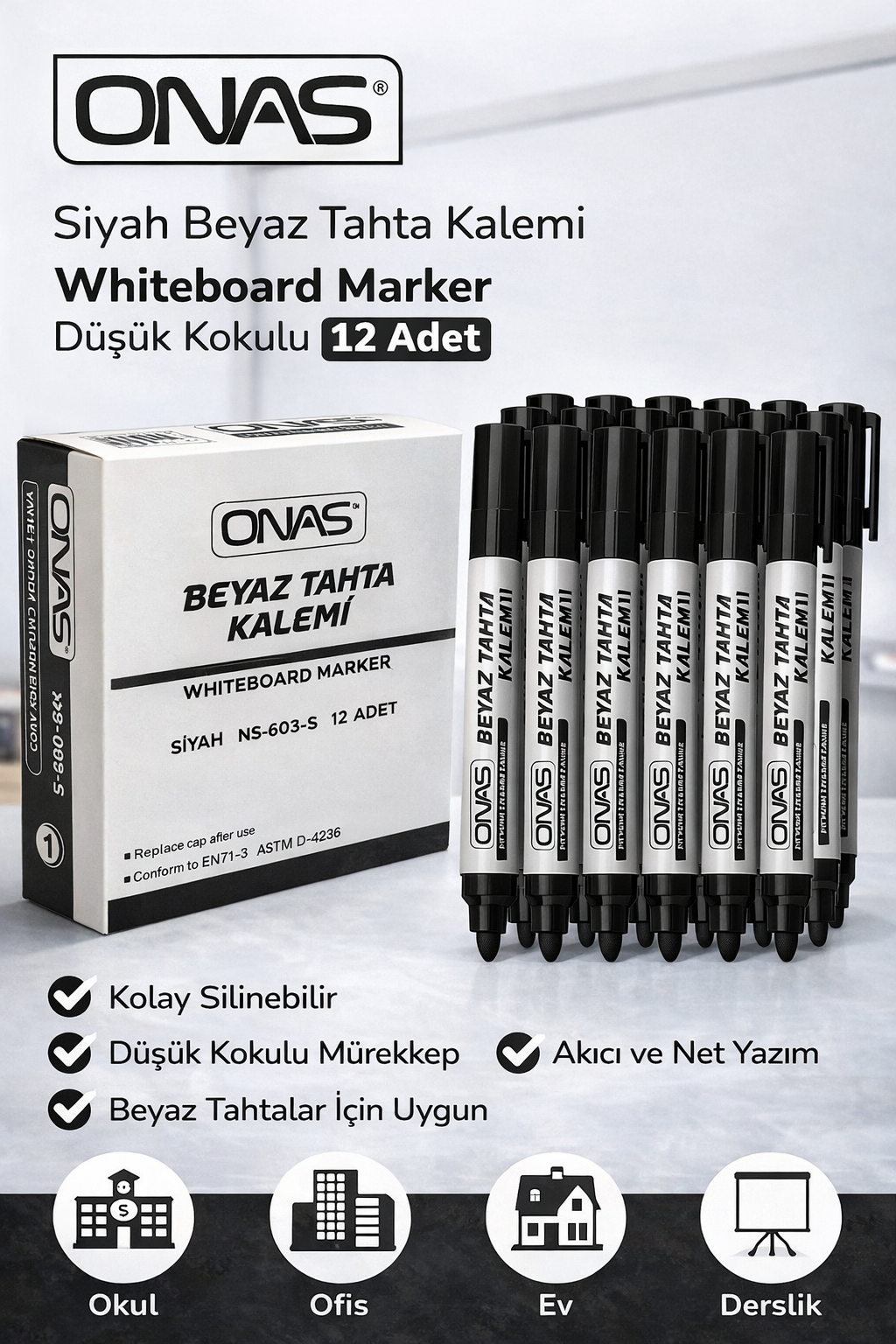Onas Siyah Beyaz Tahta Kalemi Whiteboard Marker Düşük Kokulu 12 Adet Kutu