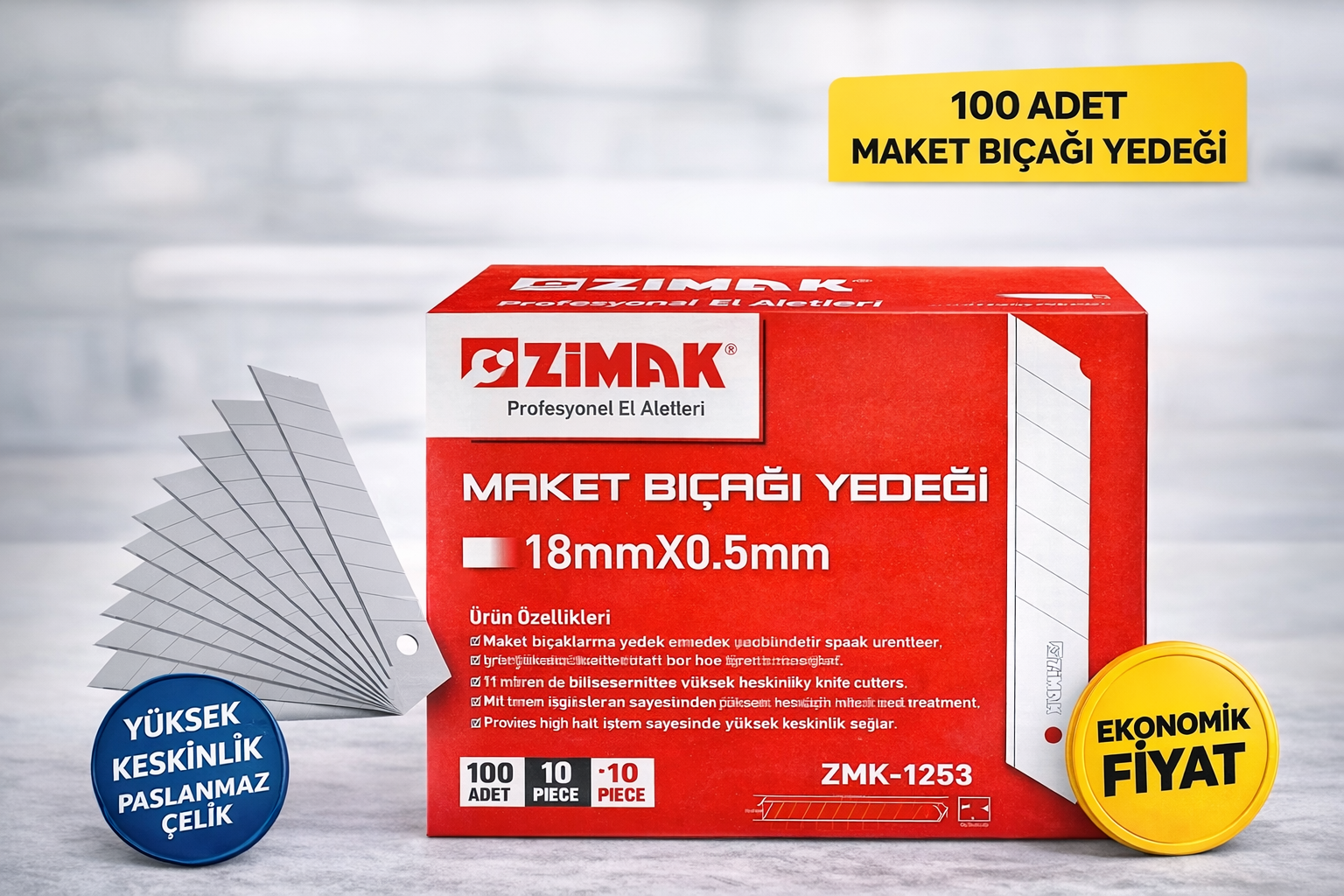 Zimak 18mm Maket Bıçağı Yedeği 0.5mm Karbon Çelik Profesyonel Kesici Uç 10’lu 10 Paket