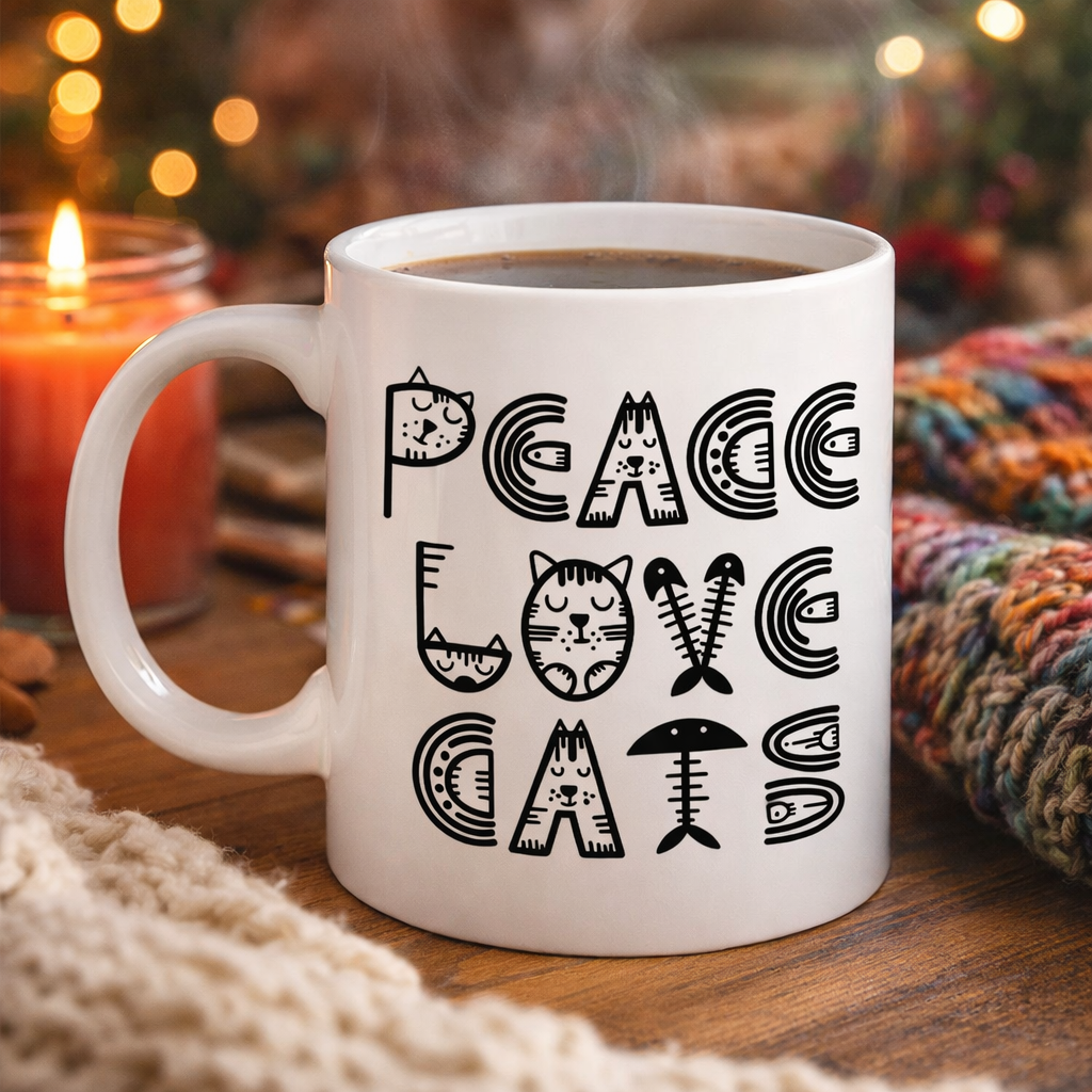 Peace Love Cats – Sevimli Kedi Desenli Porselen Kupa MODEL 60 Kahve &amp; Çay Kupası