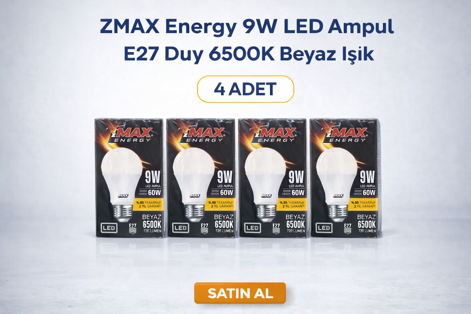 ZMAX Energy 9W LED Ampul E27 Duy 6500K Beyaz Işık 720 Lümen 60W Eşdeğer Enerji Tasarruflu 4 Adet