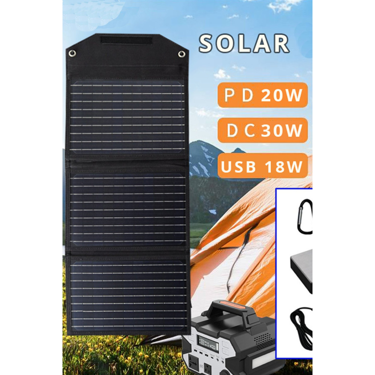 SH-03 30W Hızlı Şarj Taşınabilir Güneş Enerji Paneli Şarj İstasyonu - Siyah