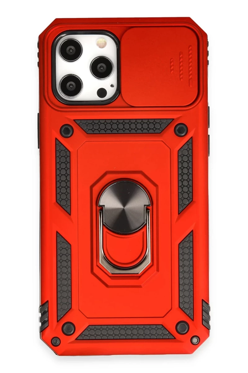 Apple iPhone 12 Pro Max Uyumlu Kılıf Pars Lens Yüzüklü Silikon - Kırmızı