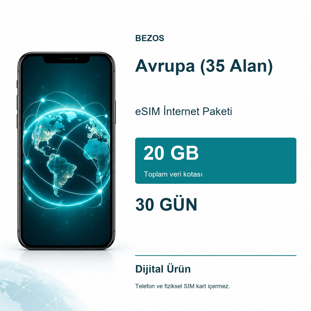 Avrupa (35 Alan) eSIM İnternet Paketi 20 GB 30 Gün