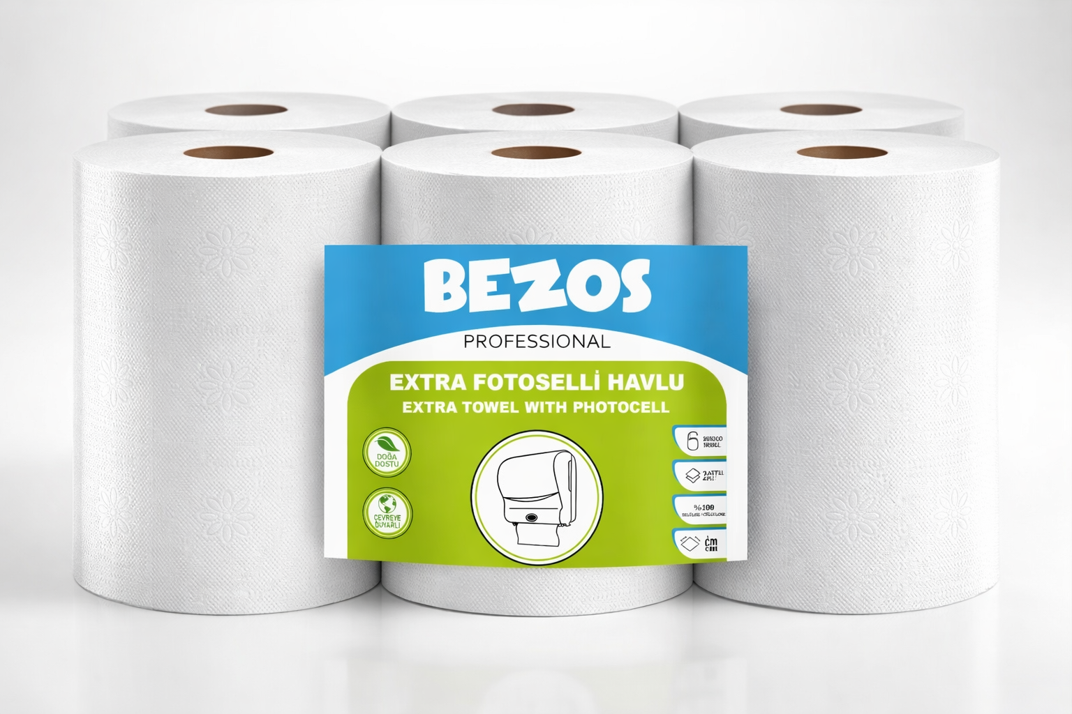 Bezos Professional Fotoselli Havlu 18 Rulo – 2 Katlı %100 Selüloz 21 cm Endüstriyel Kağıt Havlu 3X6 Rulo