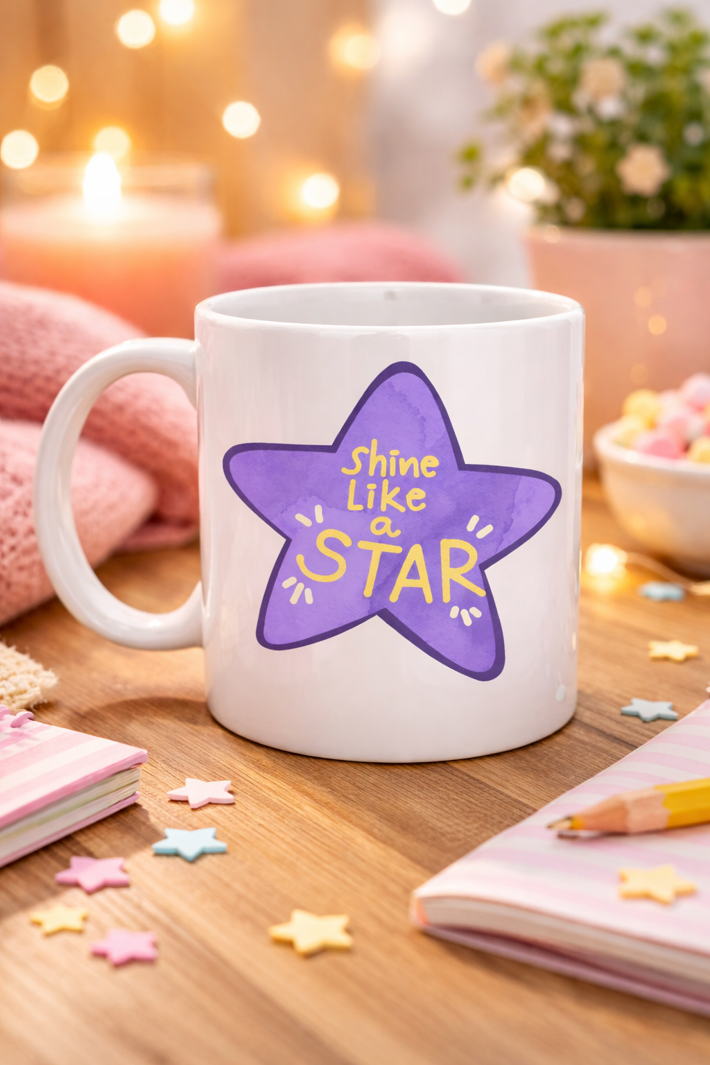 Shine Like a Star – Motivasyon Mesajlı Mor Yıldız Tasarımlı Porselen Kupa MODEL 122 , Günlük Kullanım &amp; Hediye Kupası