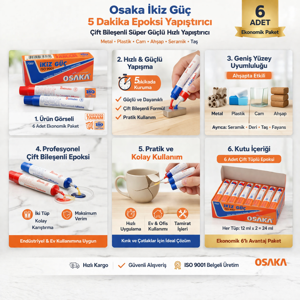 Osaka İkiz Güç 5 Dakika Epoksi Yapıştırıcı Çift Bileşenli Güçlü Hızlı Yapıştırıcı 6 Adet