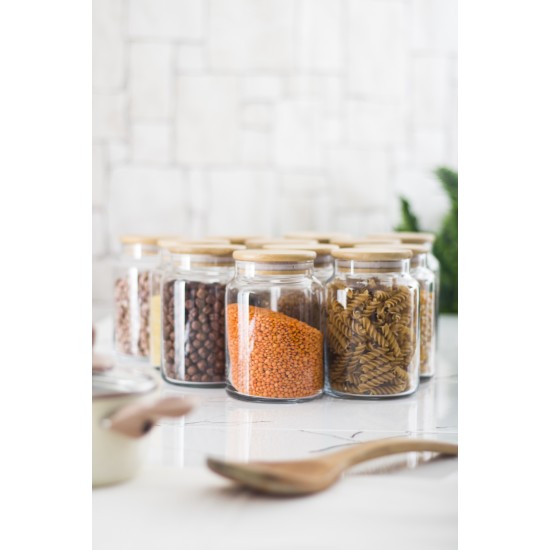 12 Li Set Bambu Kapaklı Cam Kavanoz & Erzak Saklama Kabı 800 ml Orta Boy ( Vakum Kapak )