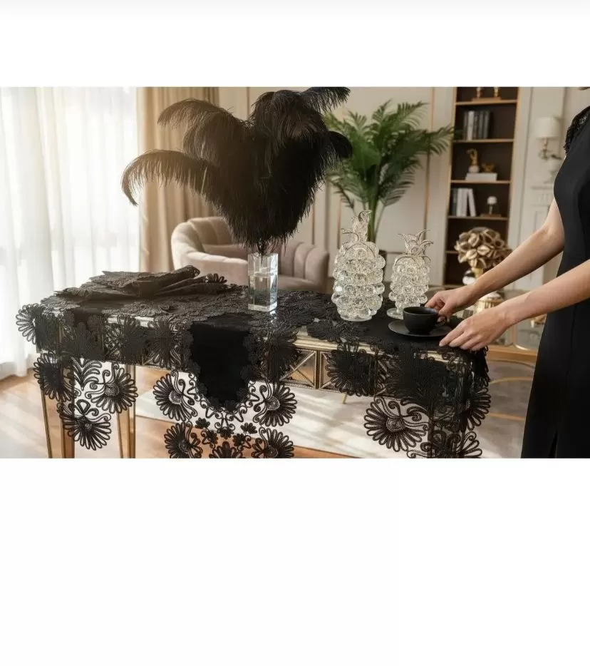 Palmiye Model Siyah 7 Parça Keten Masa Örtüsü Runner Seti Çeyizlik Salon Takımı Şık Tasarım