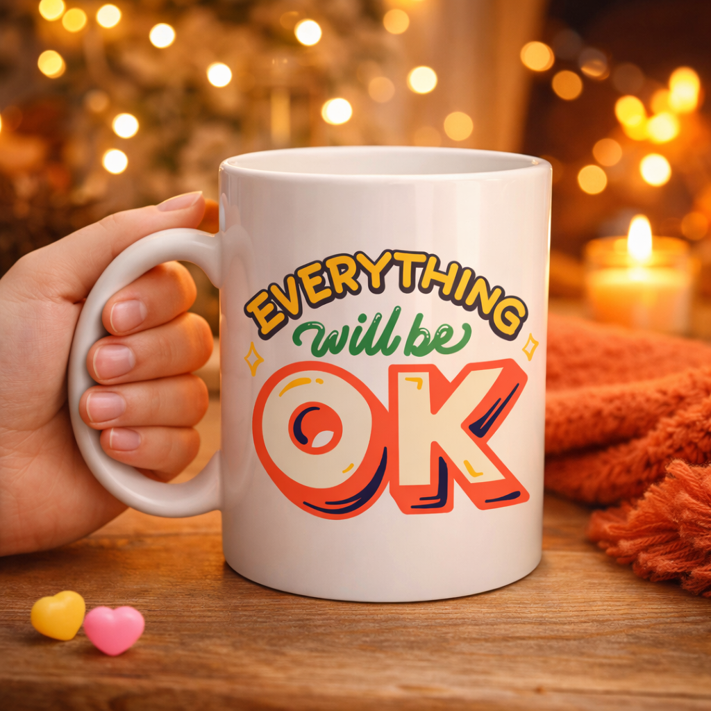 Everything Will Be OK Yazılı Porselen Kupa MODEL 143 – "HERŞEY YOLUNA GİRECEK" Motivasyonel Tasarım, Sıcacık Hediye Kupası, Kahve &amp; Çay Kupası
