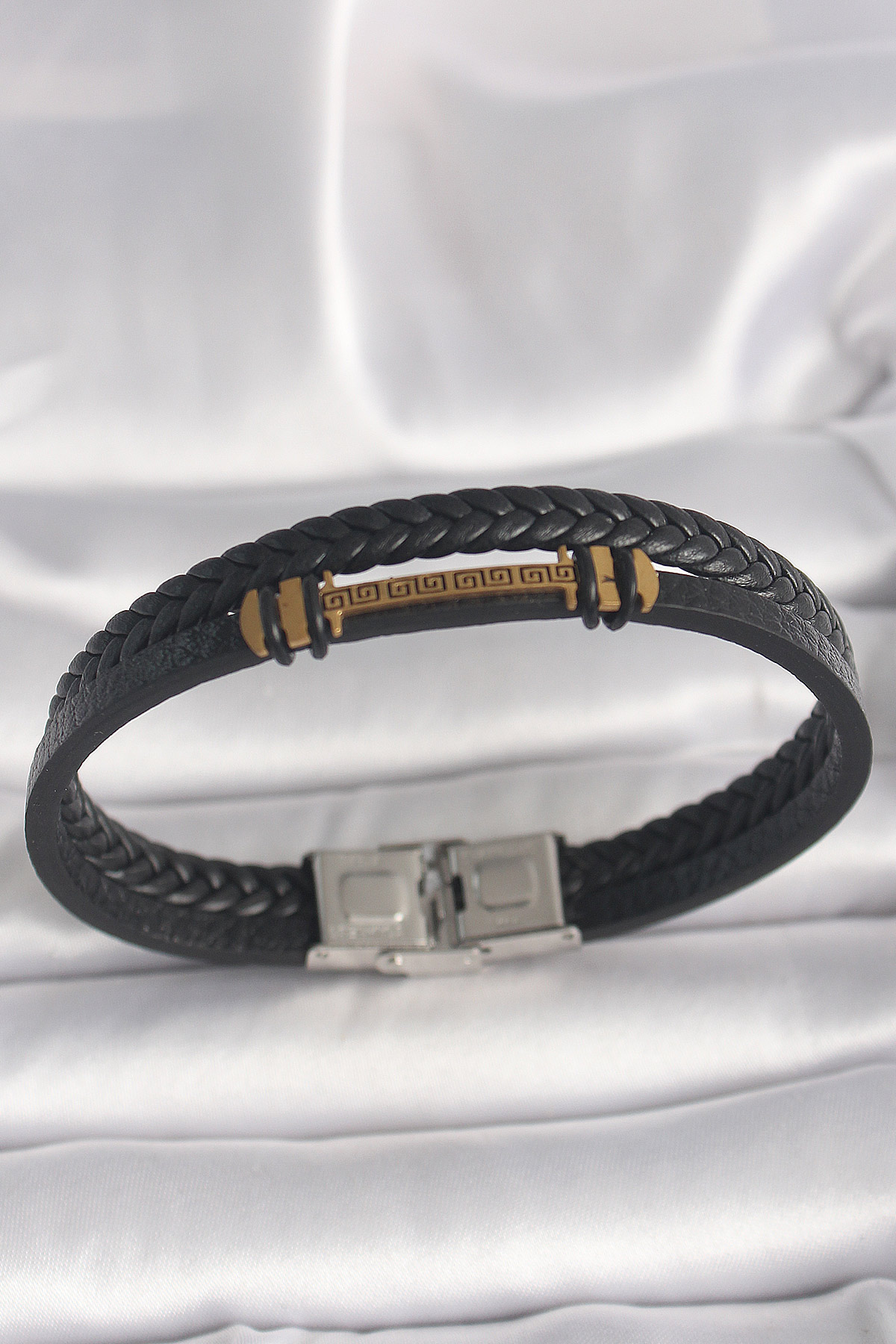 316L Çelik Gold Renk ZikZak İşlemeli Aksesuarlı Çift Sıra Burgu Desenli Deri Kordon Erkek Bileklik