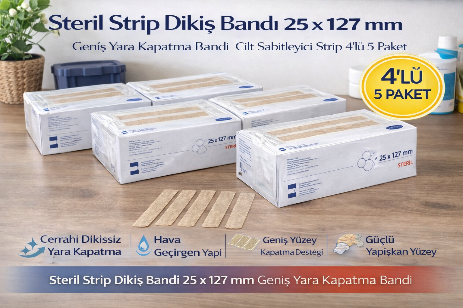 Steril Strip Dikiş Bandı 25 x 127 mm Geniş Yara Kapatma Bandı Cilt Sabitleyici Strip 4’lü 5 Paket