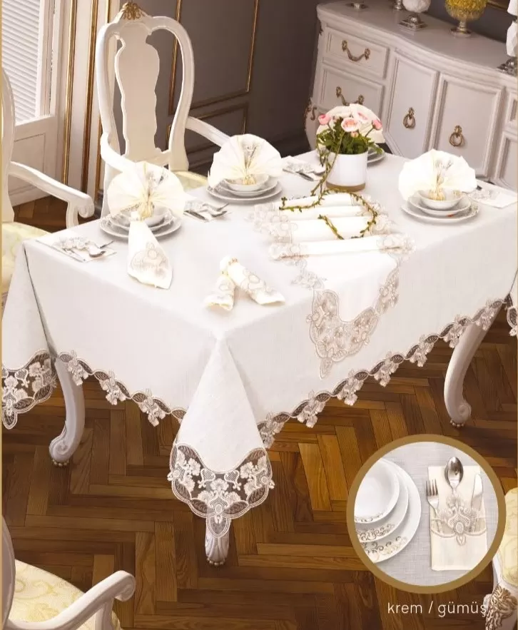 Krem-Gümüş Karanfil Gardenya Keten 26 Parça 160 × 260cm Sofra Takımı