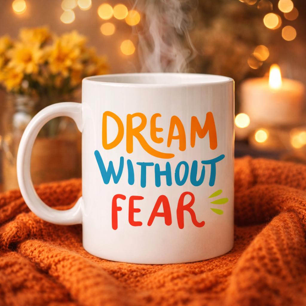 Dream Without Fear Yazılı Porselen Kupa MODEL 139 – Motivasyon Temalı, Renkli Tasarım, Kahve &amp; Çay Kupası – Hediye Seçeneği