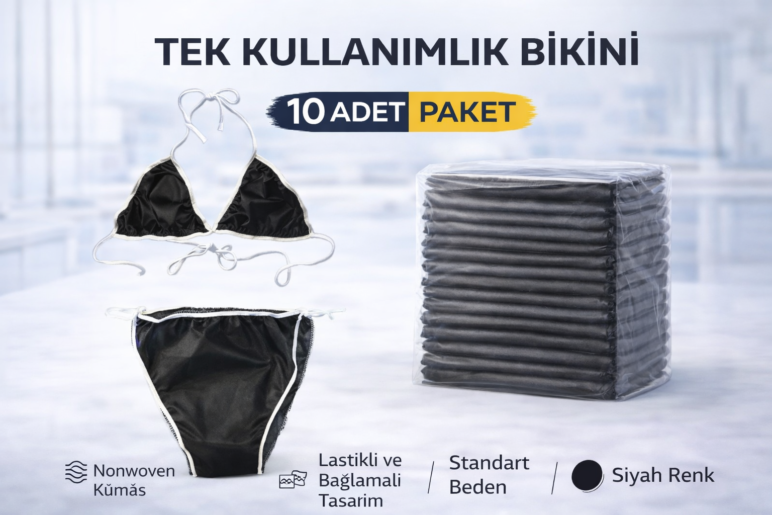 Tek Kullanımlık Bikini 10 Adet Nonwoven Kumaş Siyah Lastikli Standart Beden