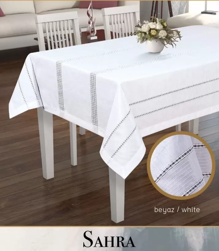 Polyester Ajurlu Keten Masa Örtüsü Tablecloth 160x220 cm Dantelli Yemek Masası Örtüsü Sahra Model Beyaz