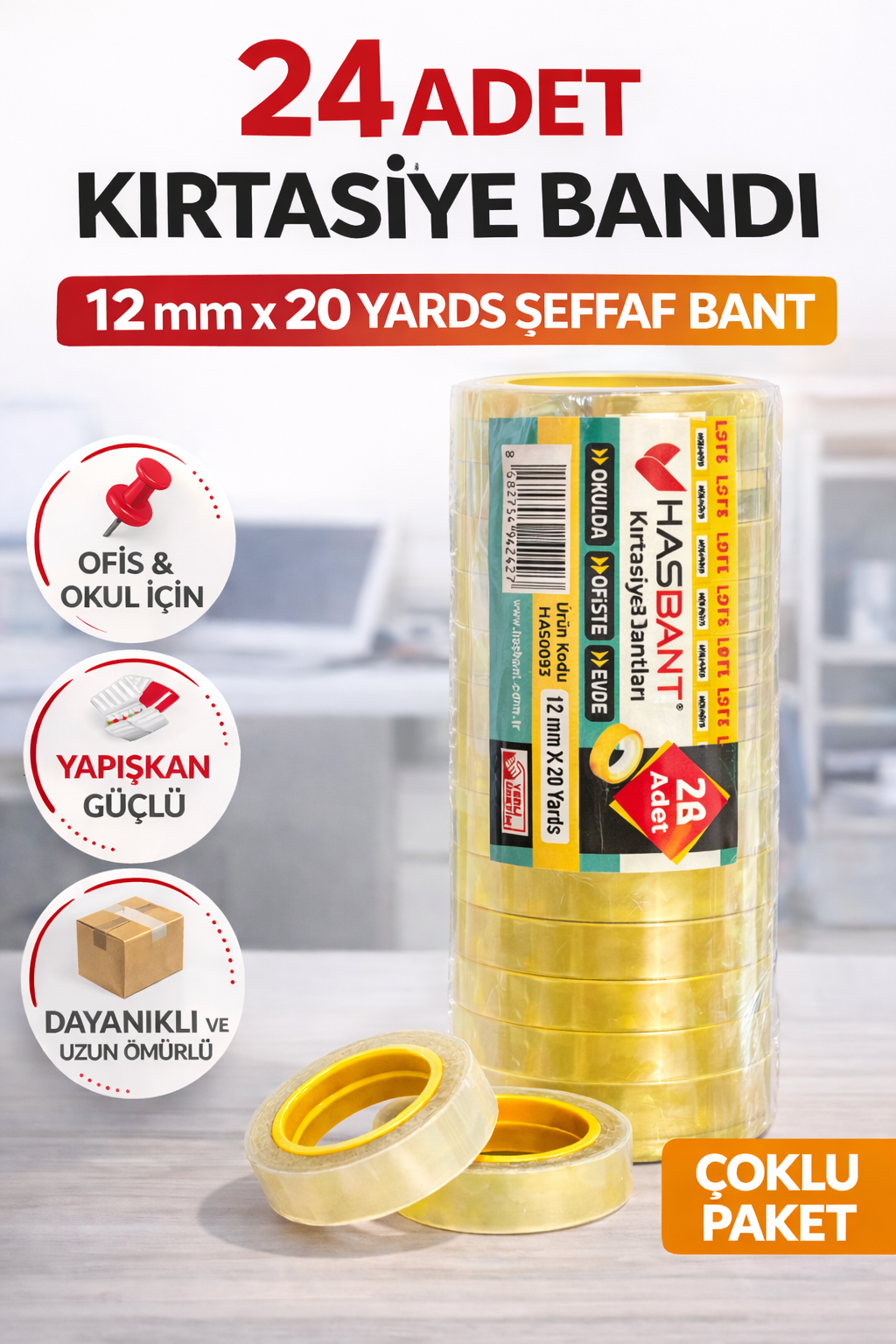 24 Adet Kırtasiye Bandı 12 mm x 20 Yards Şeffaf Bant Güçlü Yapışkan Ofis Okul Ev Kullanımı Bant Seti