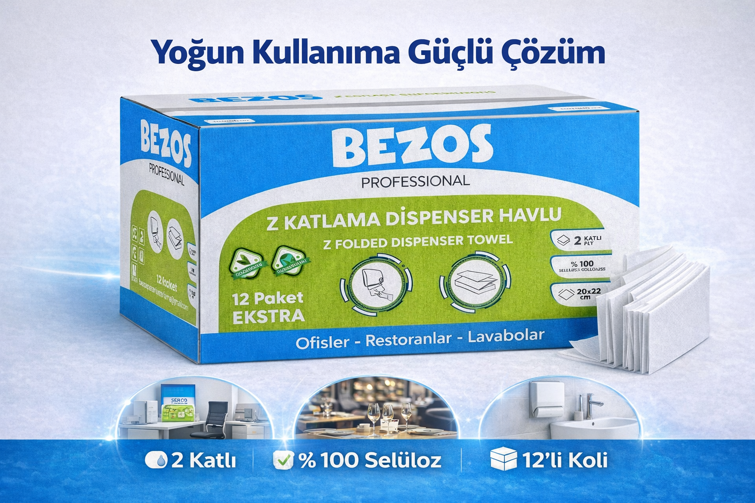 Bezos Professional Z Katlamalı Dispenser Havlu 2 Katlı %100 Selüloz 20x22 cm 12’li Koli