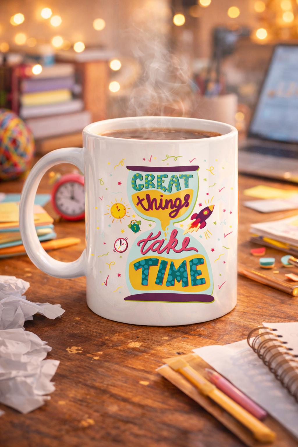 Great Things Take Time Porselen Kupa MODEL 130 – Motivasyon Mesajlı Renkli Kupa, İlham Veren Kahve &amp; Çay Kupası