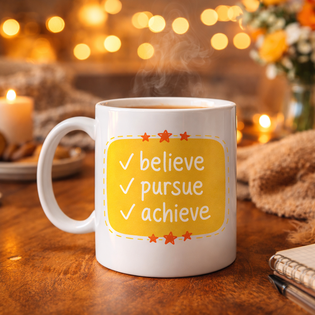 Believe Pursue Achieve Yazılı Porselen Kupa MODEL 124 – Motive Edici Tasarım, İlham Veren Kahve &amp; Çay Kupası, Özel Hediye