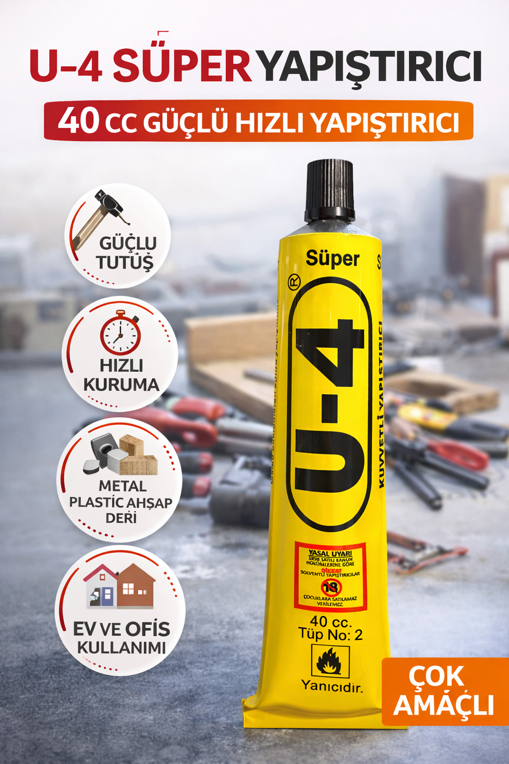 U-4 Süper Yapıştırıcı 40 CC 1 Adet Güçlü Hızlı Yapıştırıcı Çok Amaçlı Metal Plastik Ahşap Deri Yapıştırıcı