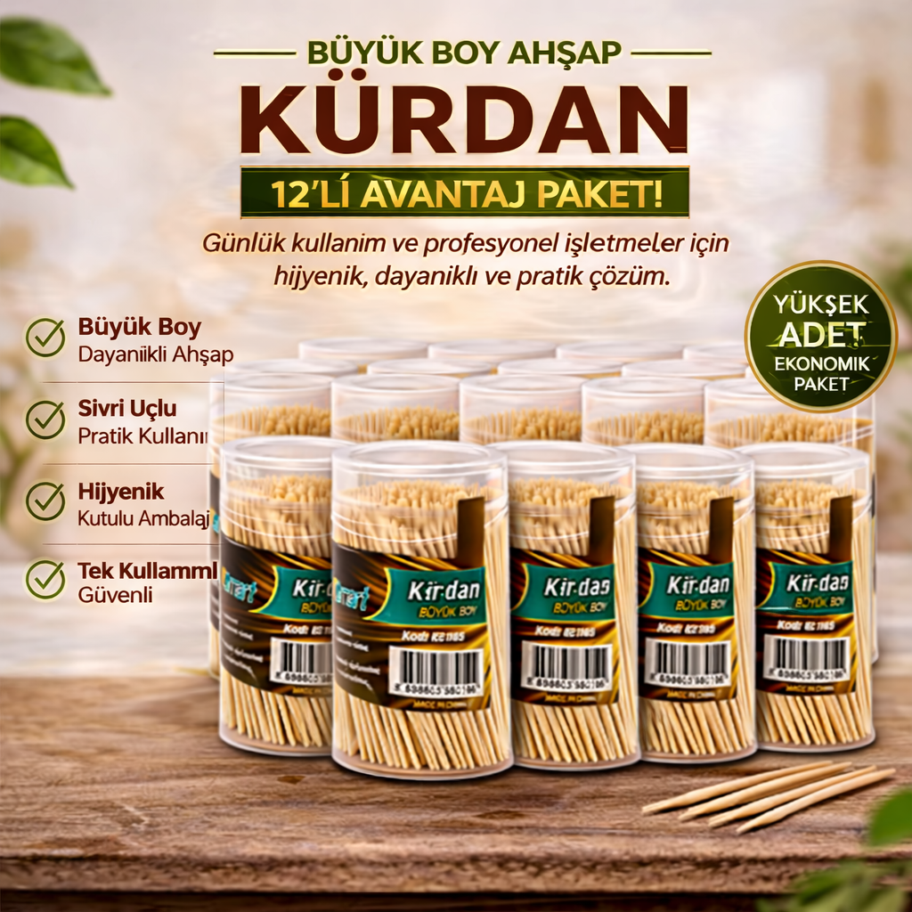 Kürdan Büyük Boy Ahşap Kürdan Hijyenik Paket Tek Kullanımlık Dayanıklı Kürdan Seti 12 Adet