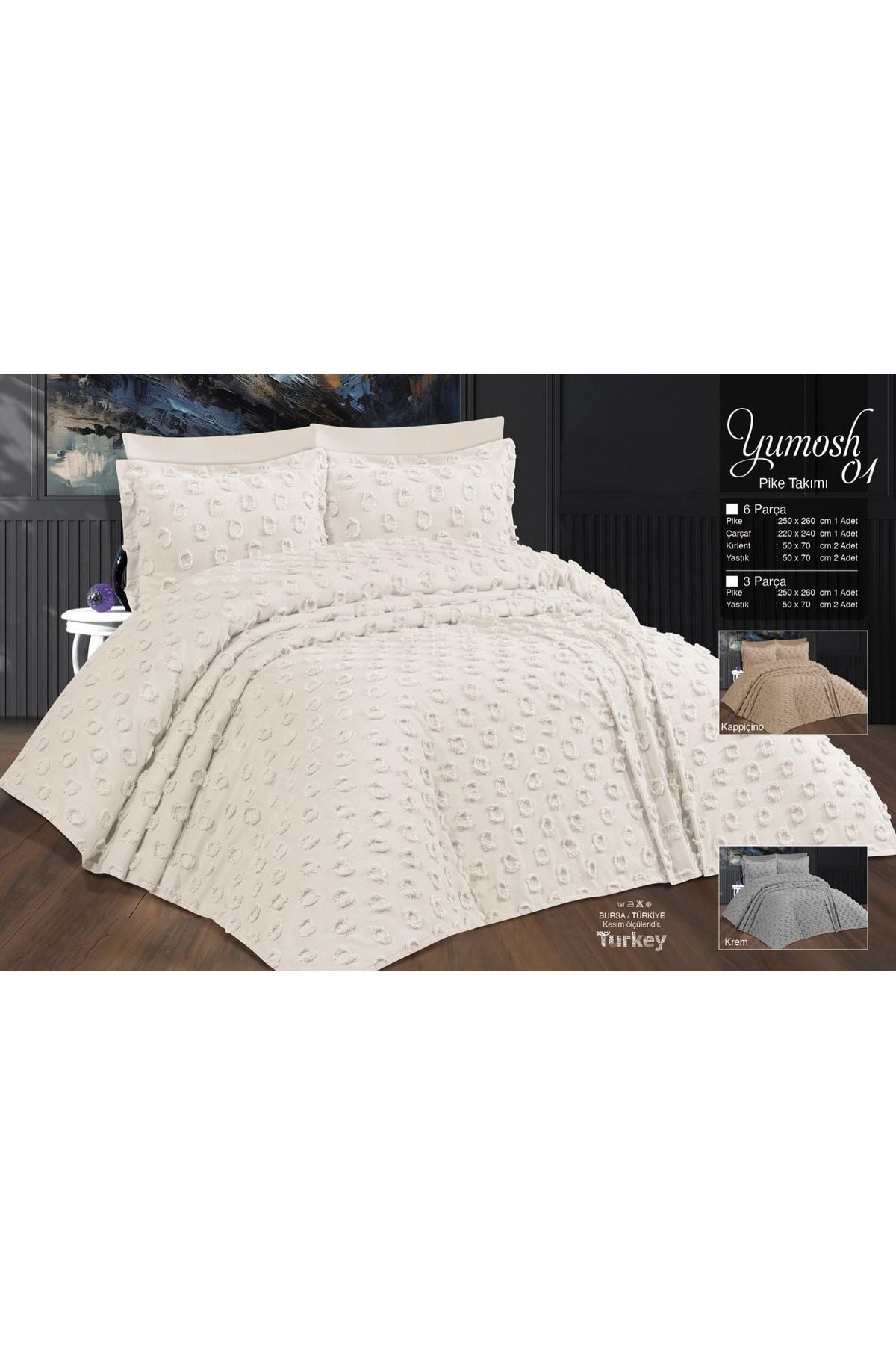 Çift Kişilik Yatak Örtüsü KREM 3 Parça Yatak Örtüsü Bedspread