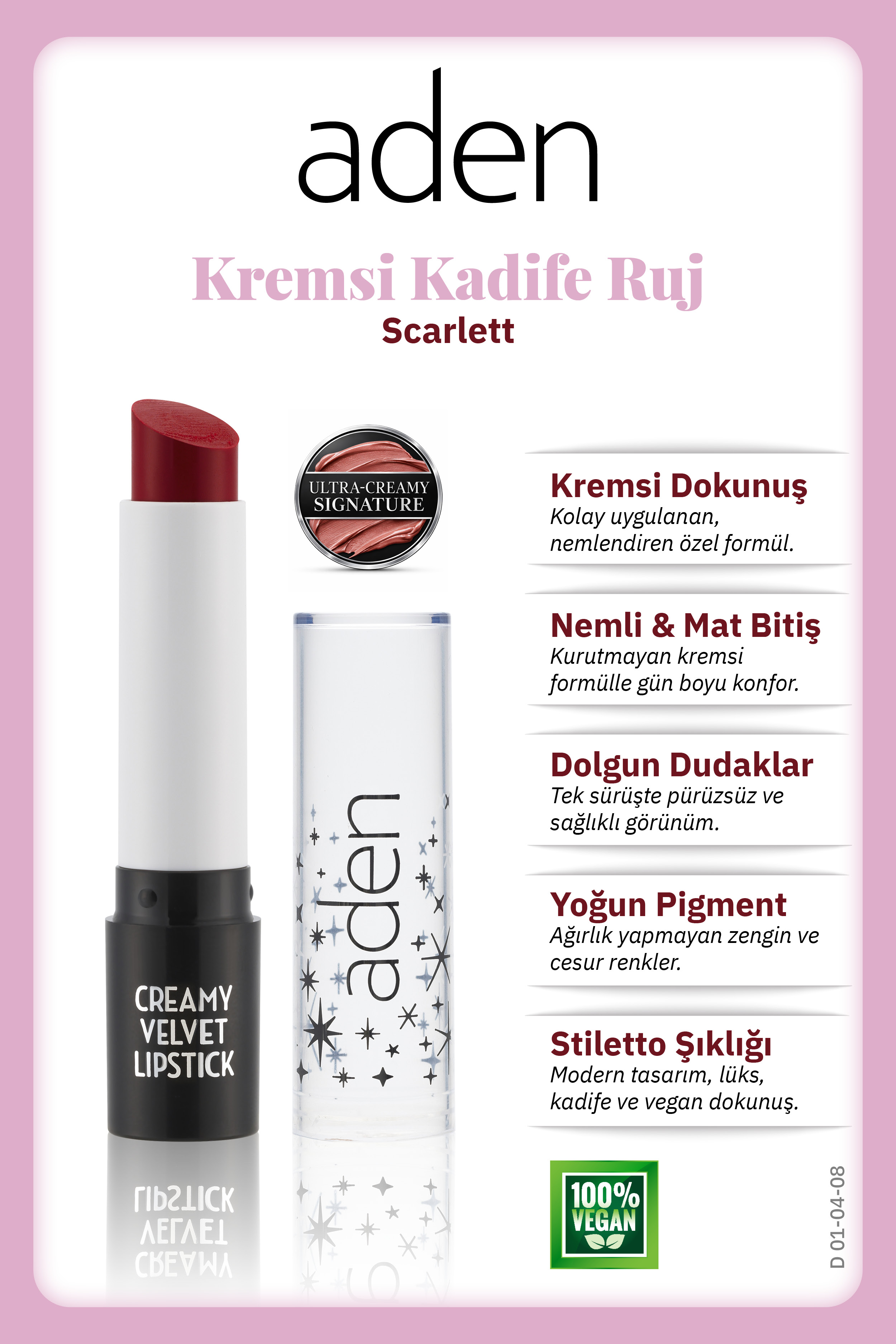 Aden Creamy Velvet Lipstick - Kremsi Kadife Ruj 08 Scarlett(Kızıl)