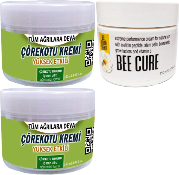 2 Adet Çörek Otu Kremi Büyük Boy 150 ml Krem + Bee Cure Krem 150 ml / Kas Diz Dirsek Sırt Bel Iskelet Agrilarina Masaj Seti