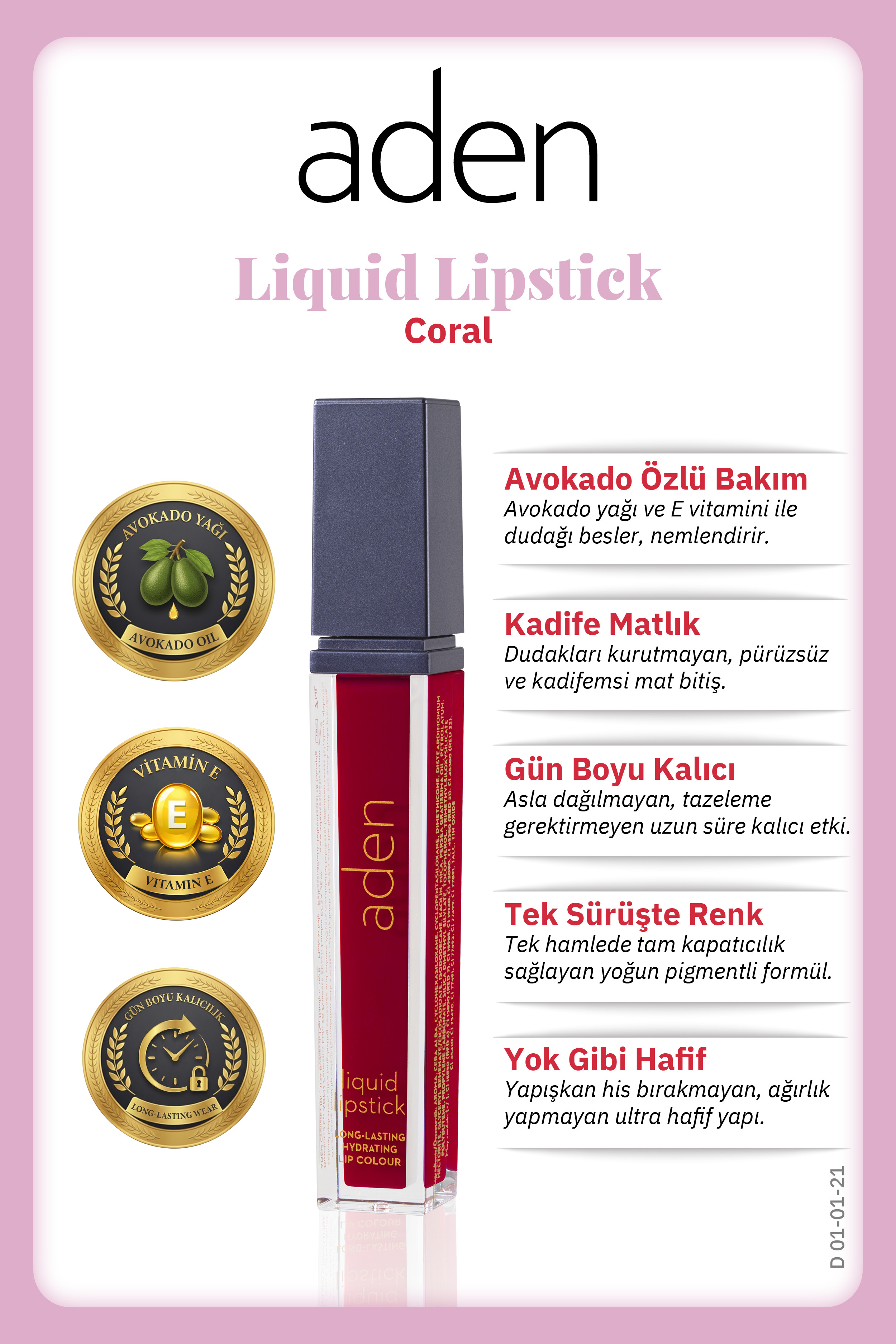 Aden Liquid Lipstick - Likit Ruj 21 Coral(Mercan)